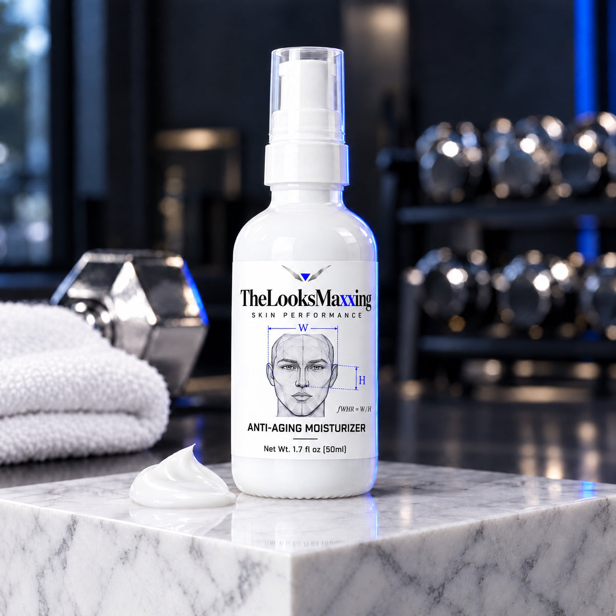 TheLooksMaxxing Anti-Aging Moisturizer bottle on a marble plinth in a dark gym
