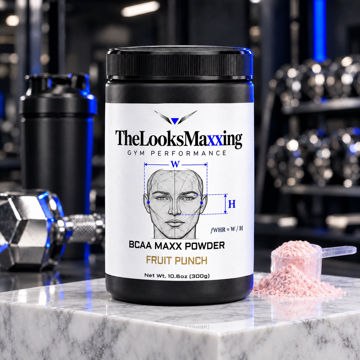 TheLooksMaxxing BCAA Maxx Powder Fruit Punch tub on a marble plinth in a dark gym