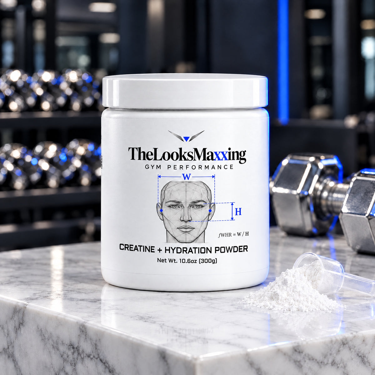TheLooksMaxxing Creatine + Hydration Powder tub on a marble plinth in a dark gym