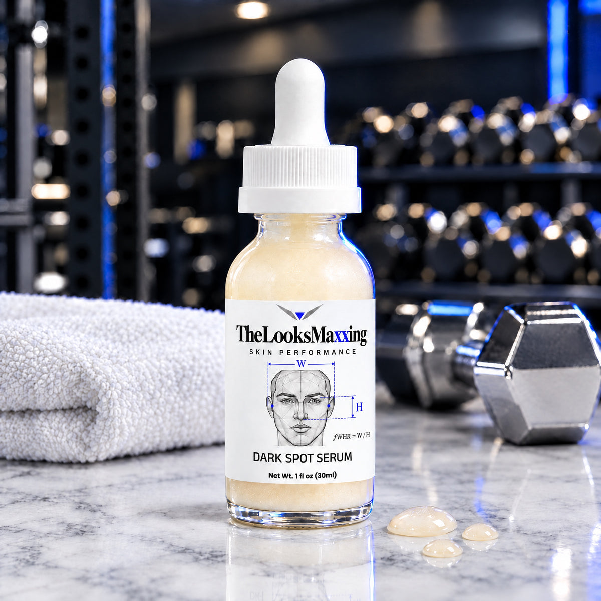 TheLooksMaxxing Dark Spot Serum dropper bottle on a marble plinth in a dark gym