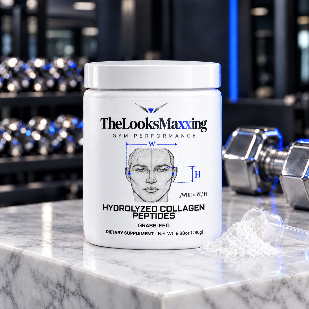 TheLooksMaxxing Grass-Fed Hydrolyzed Collagen Peptides tub on a marble plinth in a dark gym