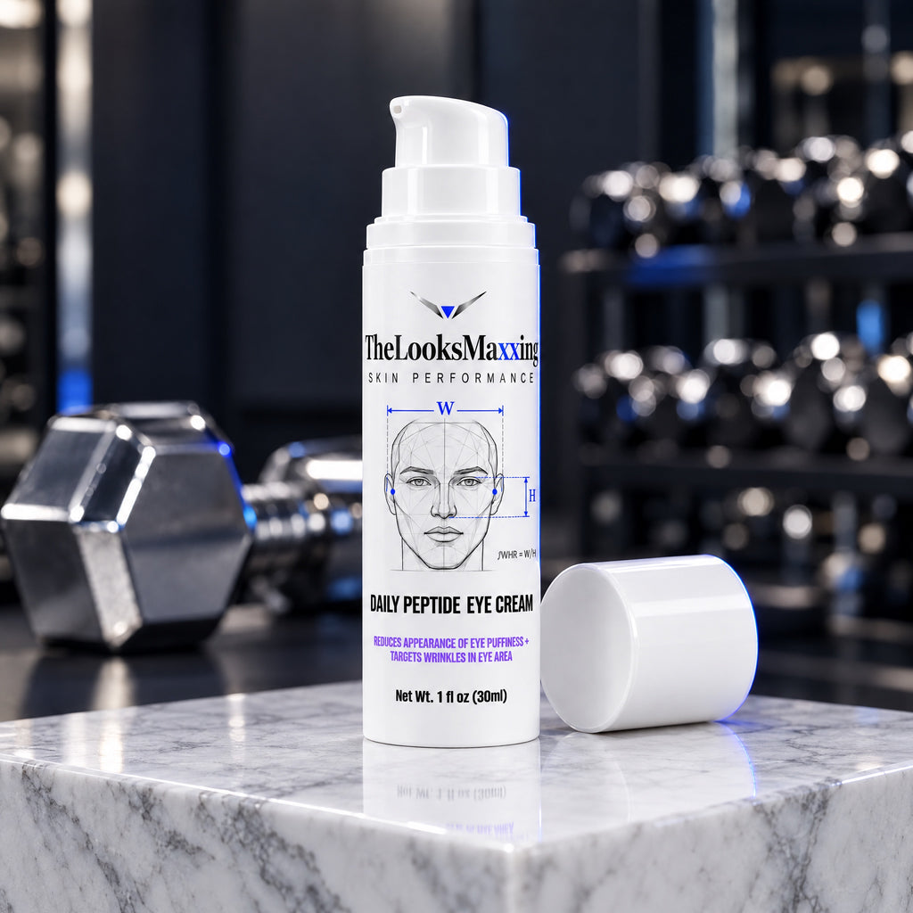 TheLooksMaxxing Daily Peptide Eye Cream pump bottle on a marble plinth in a dark gym