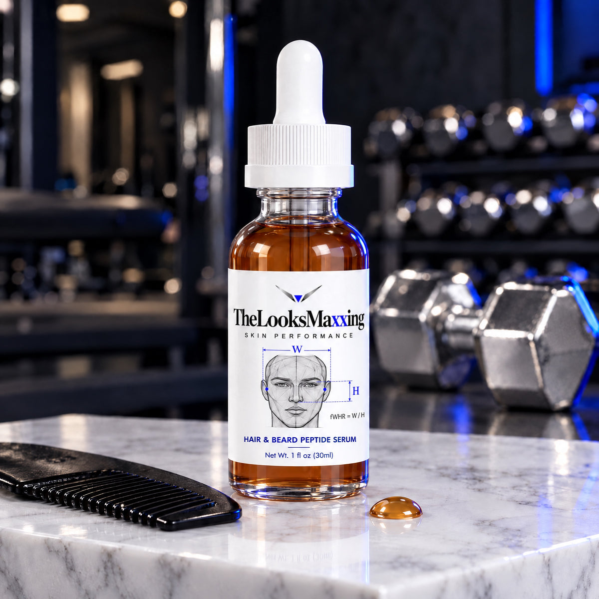 TheLooksMaxxing Hair & Beard Peptide Serum amber dropper bottle on a marble plinth in a dark gym