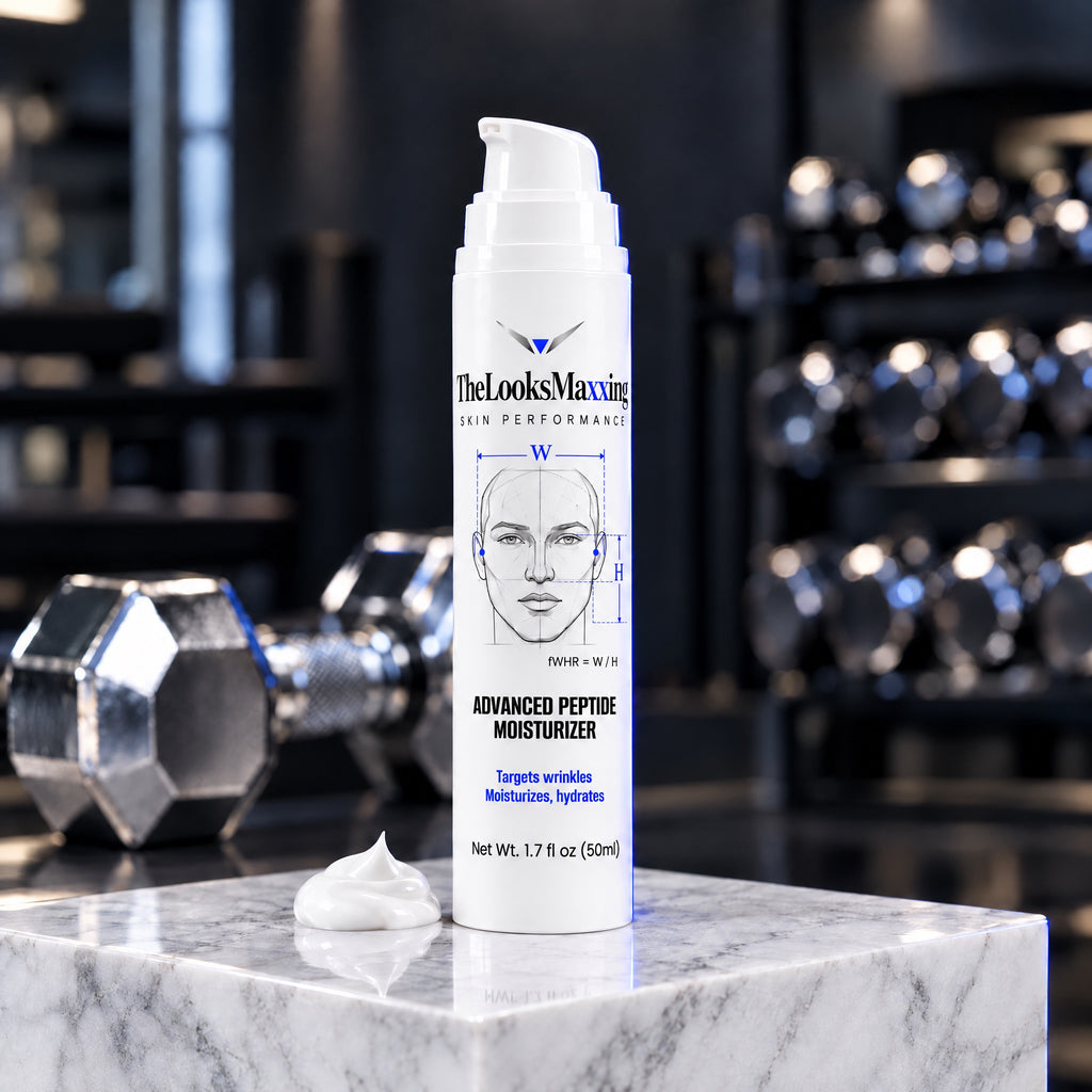 TheLooksMaxxing Advanced Peptide Moisturizer pump bottle on a marble plinth in a dark gym