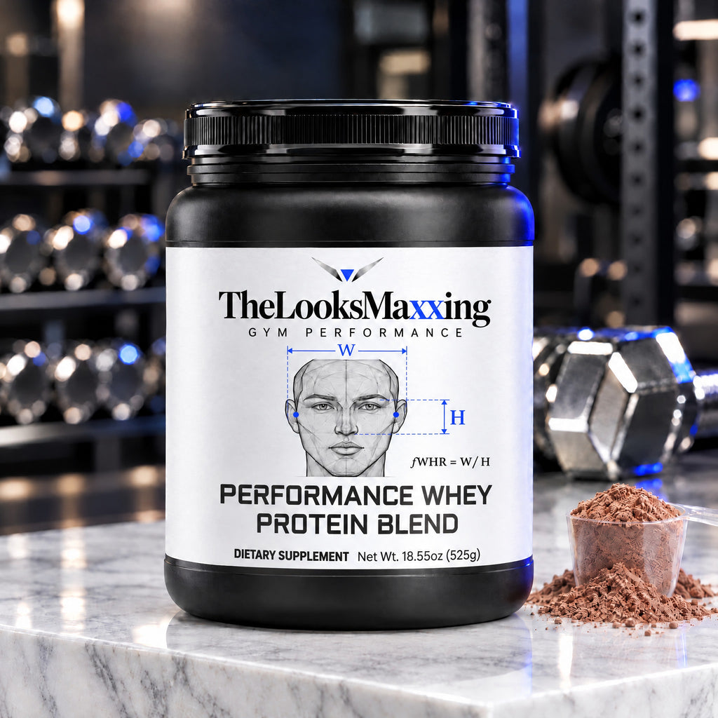 TheLooksMaxxing Performance Whey Protein Blend tub on a marble plinth in a dark gym