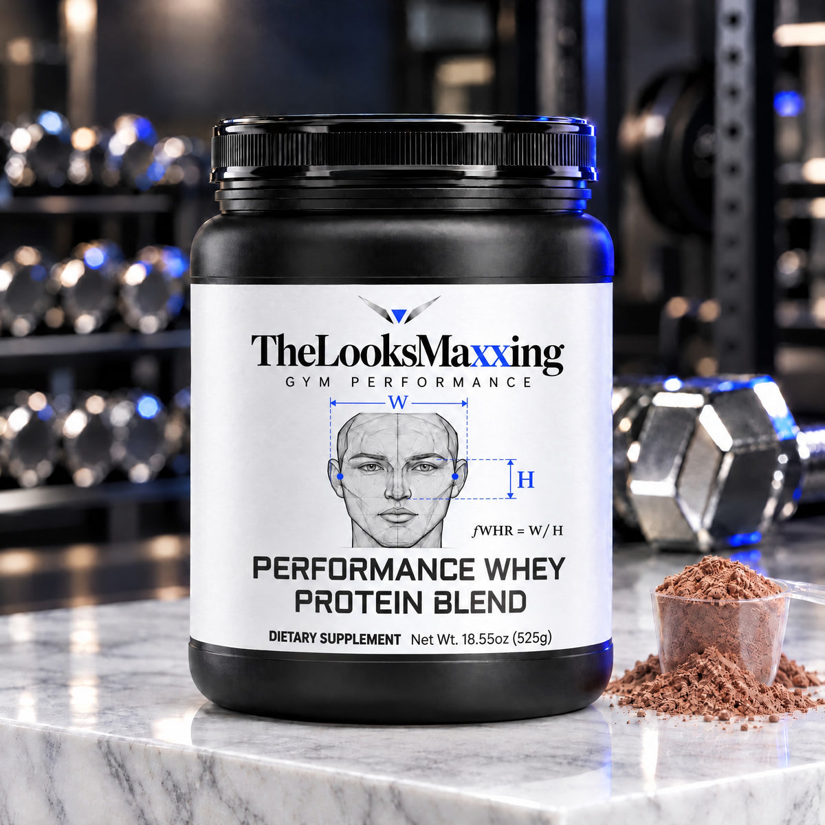TheLooksMaxxing Performance Whey Protein Blend tub on a marble plinth in a dark gym