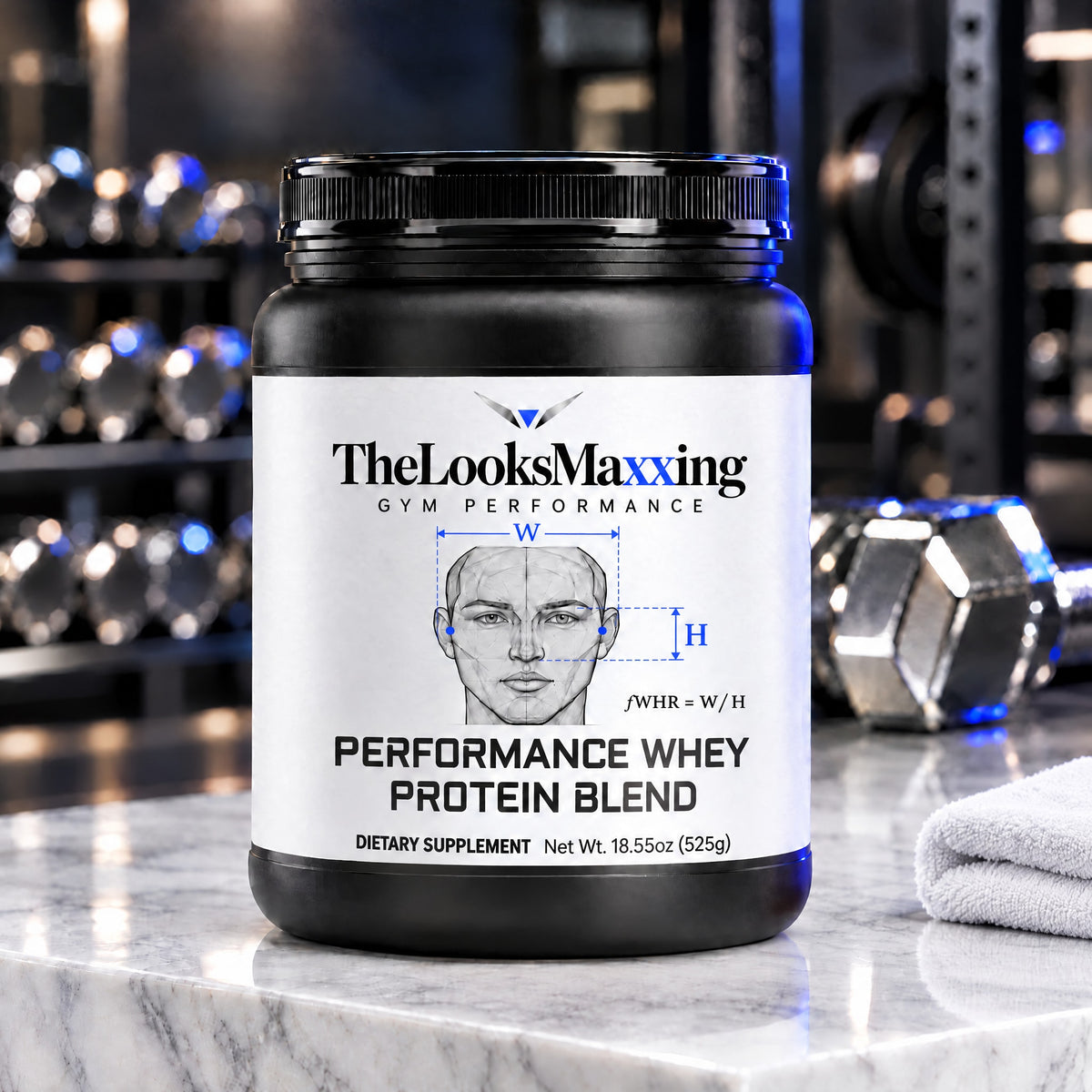 TheLooksMaxxing Performance Whey Protein Blend tub on a marble plinth in a dark gym